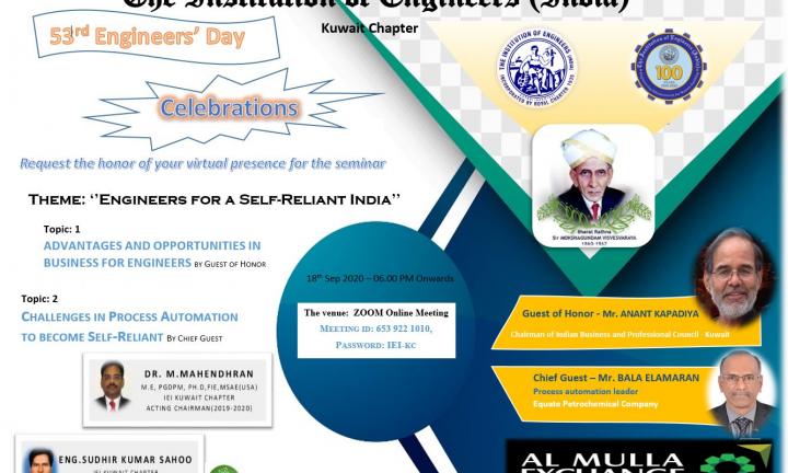 IEI Kuwait Chapter’s 53rd Engineers’ Day-2020 Celebration on 18.09.2020 - Virtual platform